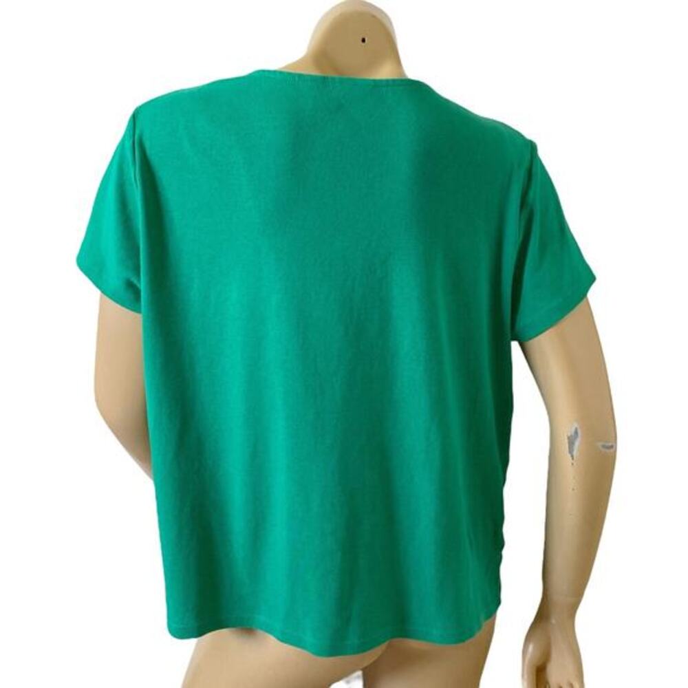 Rafaella Top Womens XL Green Embellished Neck Short Sleeve 100% Cotton Blouse